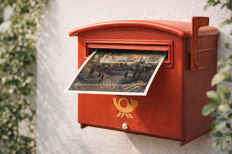 Postcard arriving in a mailbox