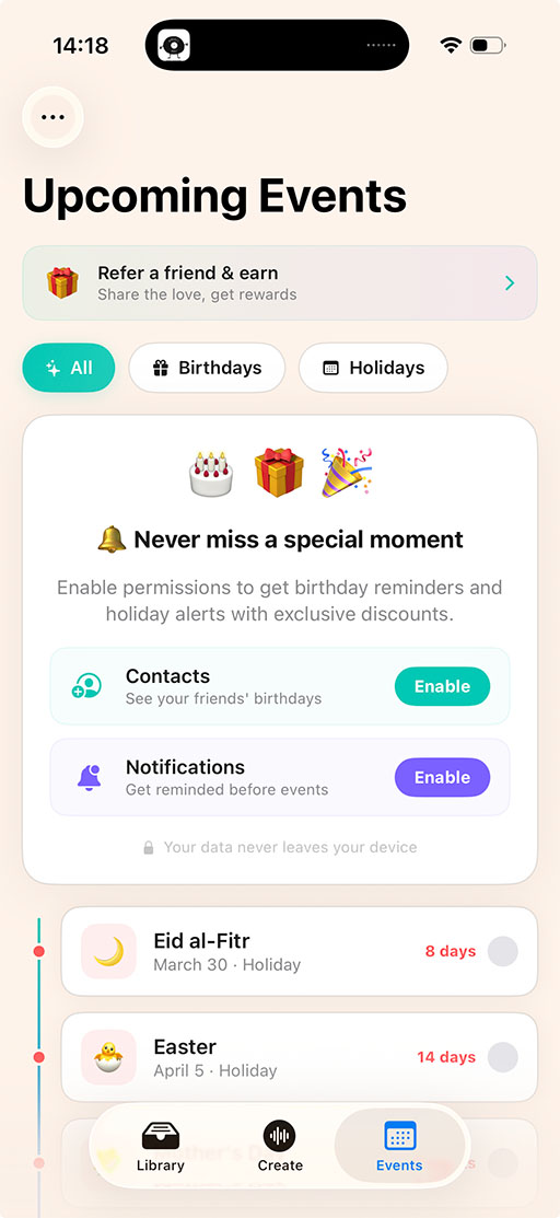 SoundCard holiday reminders screen