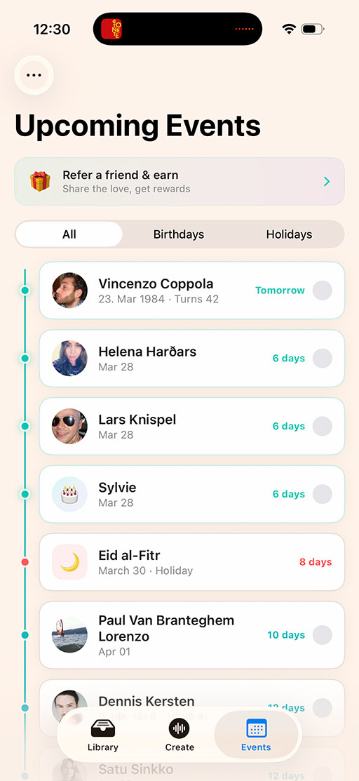 SoundCard birthday reminders screen