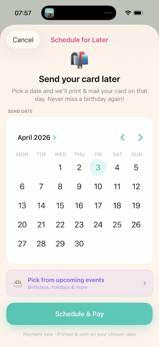 SoundCard schedule send date picker
